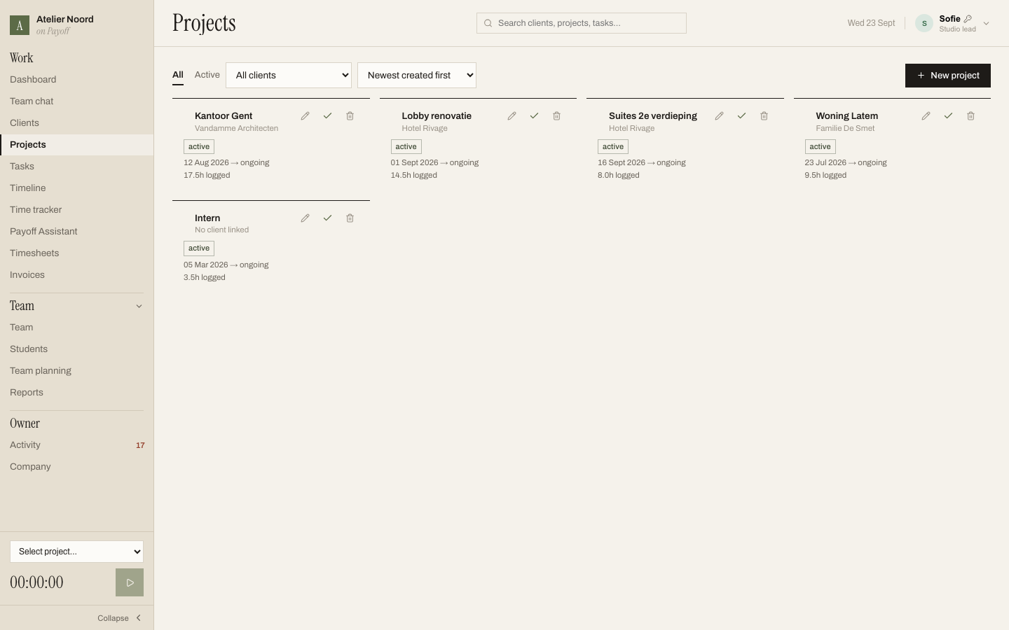 Projects in Swayro, with budget, status and hours logged per project